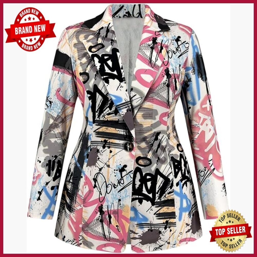 Plus Size Graphic Long Sleeve Blazer Lapel Collar Casual Suit Jacket